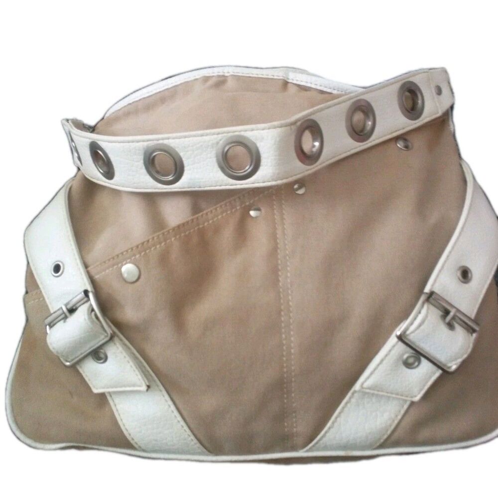 Women's Nine West Tan & Cream Canvas & Faux Leather Tote Purse Bag 14x12